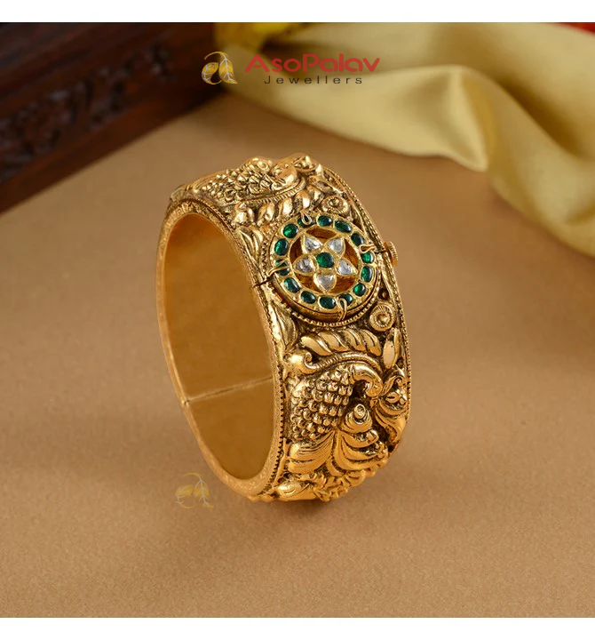 22K Peacock Floral Gold Kada with Emerald Stone Accents